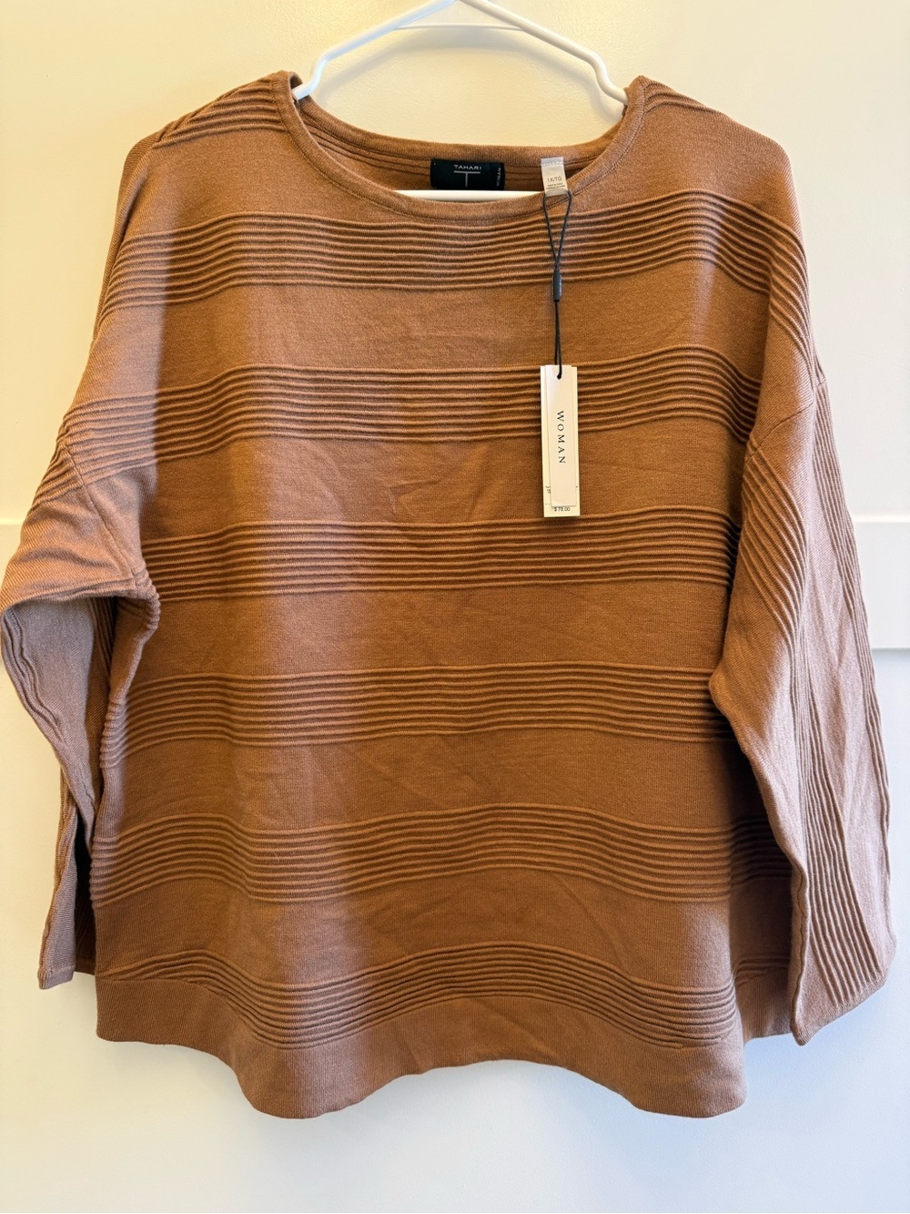 NWT Tahari Woman 1X Camel Textured Knit Sweater 3/4 Sleeve Ribbed Pullover - Picture 2 of 9